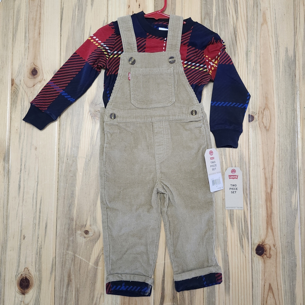 Levis Tan Corduroy Overalls With Plaid Long Sleeve Shirt Boys 2T Kids